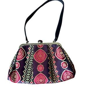 Talbots Silk Handbag Vintage Boho Chic Floral Medallion Kisslock Shoulder Purse